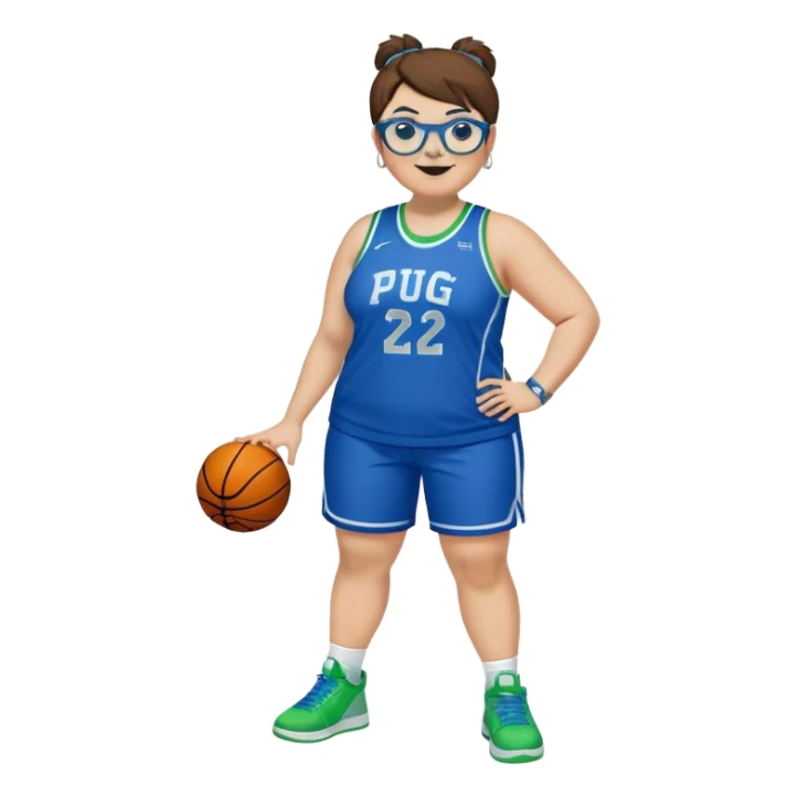 Full Body plus size white female basketball player with short medium brown hair with  spike hair wearing blue glasses 
With a pug wide nose wearing blue green uniform  green sneakers smiling wearing silver hoop earrings sticker