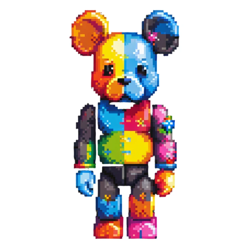 Pixel art KAWS Bearbrick figure with X eyes, blocky bear shape, vibrant colors sticker