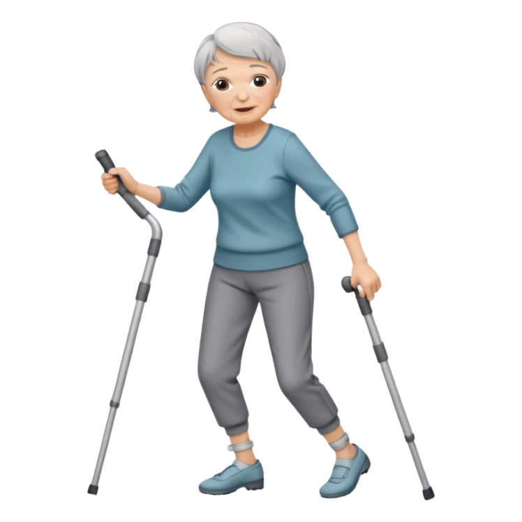 elderly woman with pants, short grey hair, and dancing with crutches                    and with a sorry look sticker