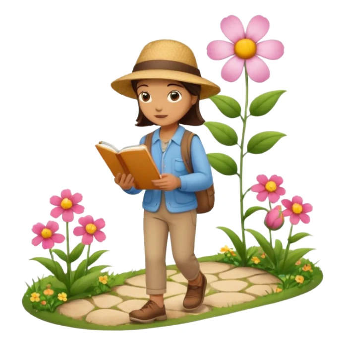 someone who's walking on a path and the person is reading a panel to learn about a flower sticker