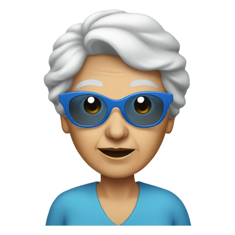 Massive round blue sunglasses on old lady with blue top sticker