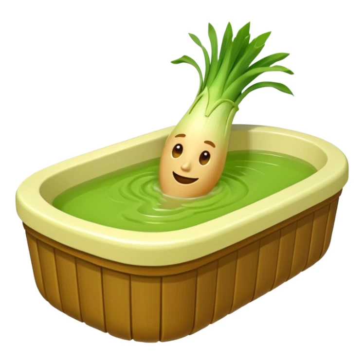 Create a 3D emoji of a relaxed leek in a jacuzzi filled with a slightly lumpy, yellowish-brown sauce sticker
