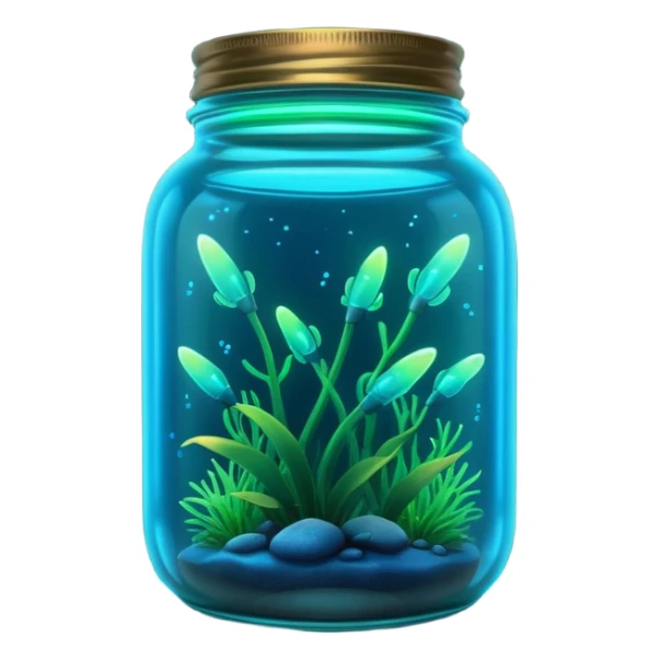 3D render of Firefly Jar, bioluminescent deep sea style, glowing neon blue and green lights, dark background to contrast the glow, translucent organic textures. sticker