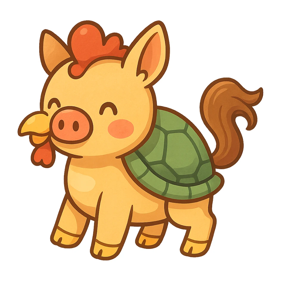 whimsical creature combining features of a pig, chicken, turtle, and horse, in a fun and imaginative style, cartoonish, colorful, playful sticker