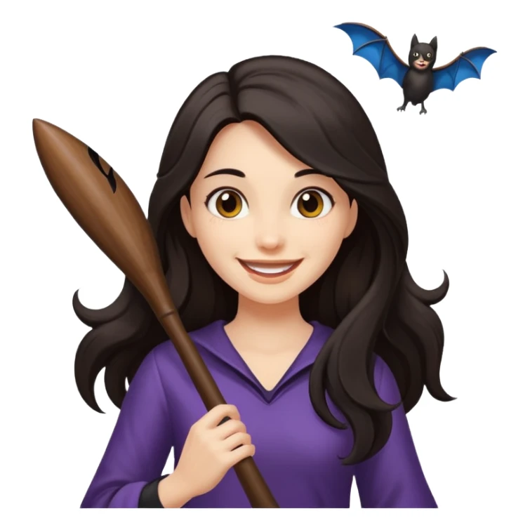woman with long dark hair holding a flying bat sticker