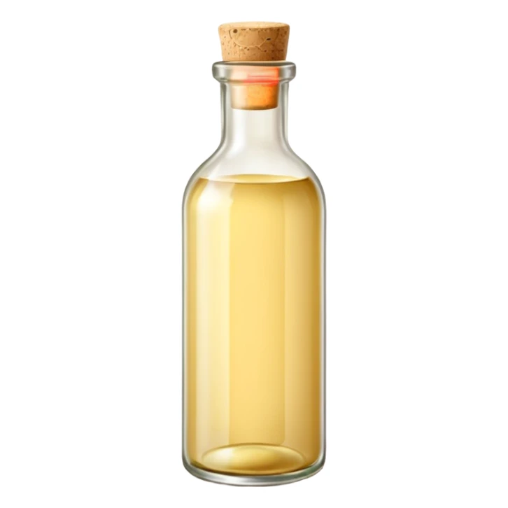 simple glass bottle with pale golden liquid inside, capped with a cork or screw cap, slender practical shape, soft label suggesting everyday use, clear light yellow hue visible through the glass, no glass, pour, or branding, closed bottle, soft lighting, subtle shadows, emoji scale sticker