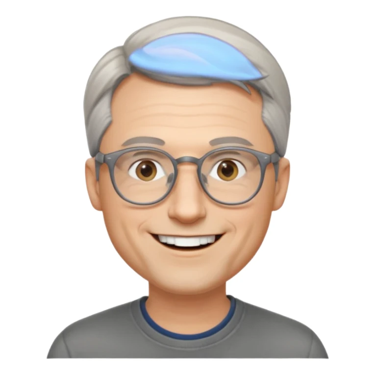 40 yr old pale white man, grey side swept hair, round glasses, big smile, white teeth, handsome, longer hair, thin glasses, no wrinkles sticker