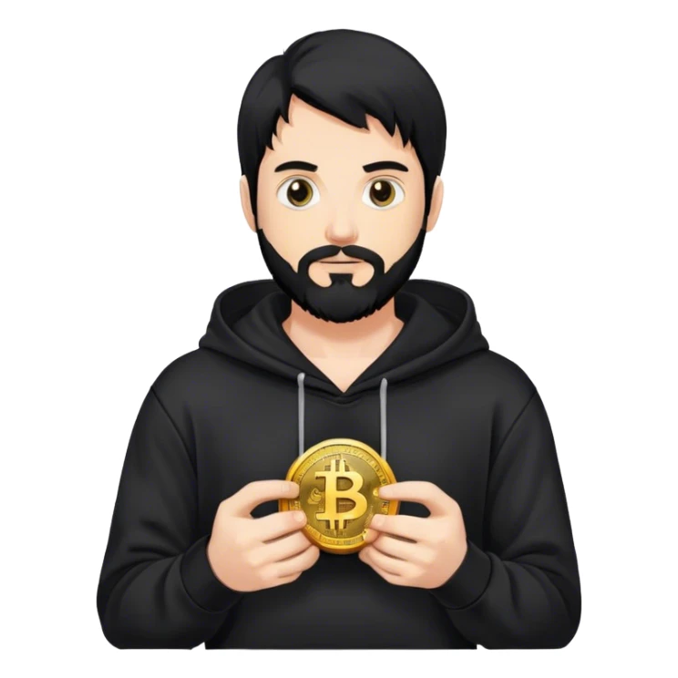 hackeur blanc cheveux noir barbe et capuche noir avec un bitcoin sticker