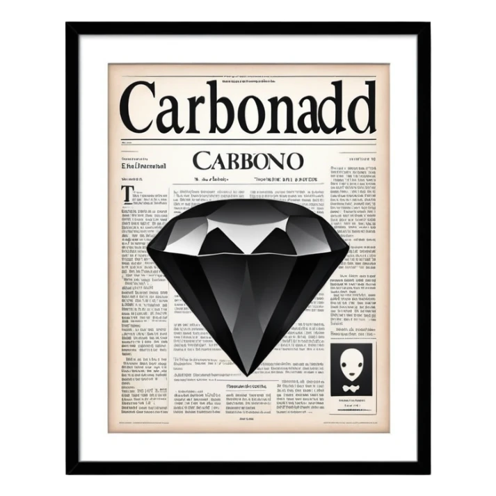 a large newspaper. The  has the title “Carbonado” in bold letters and features a central image of a shining black diamond.background is minimalistic and light. The overall atmosphere chic, sophisticated. sticker