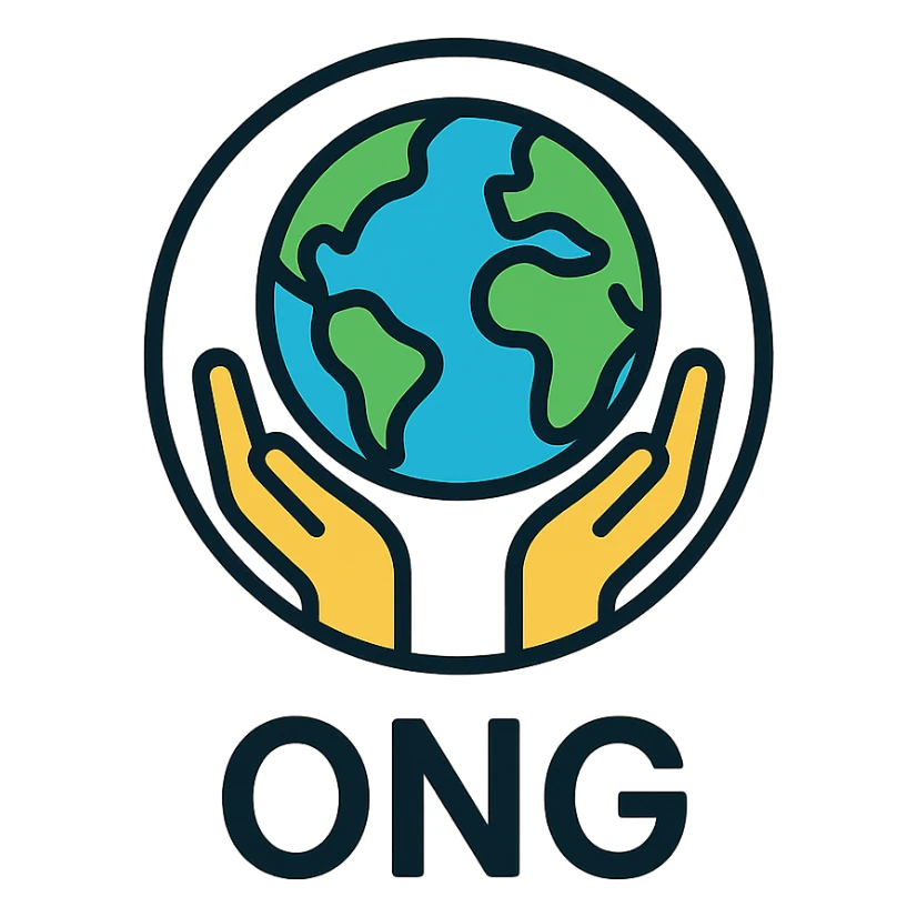 ONG logo, circular emblem, hands holding globe, friendly and approachable, vector style sticker