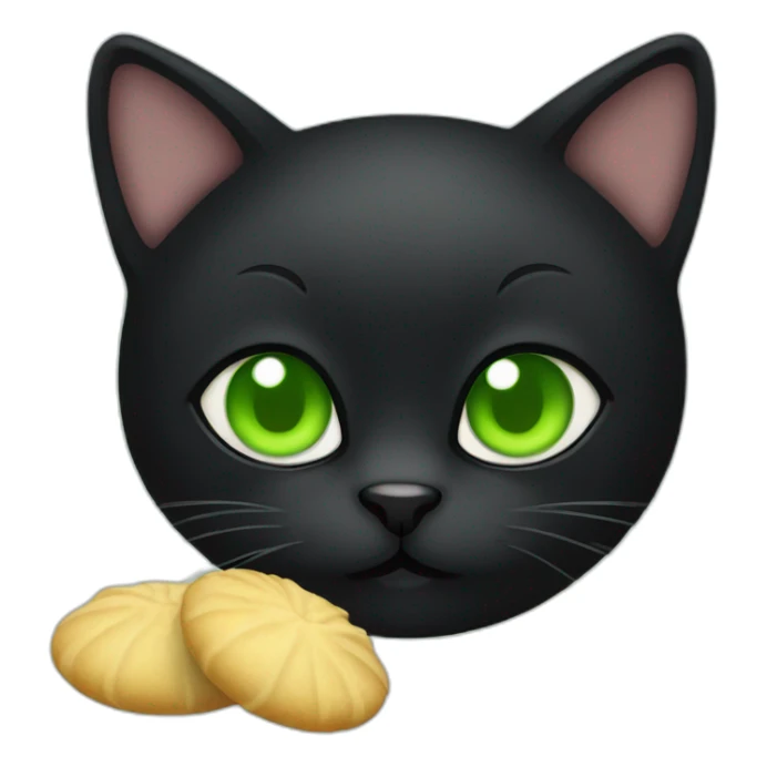 All black cat with green eyes and a dumpling sticker