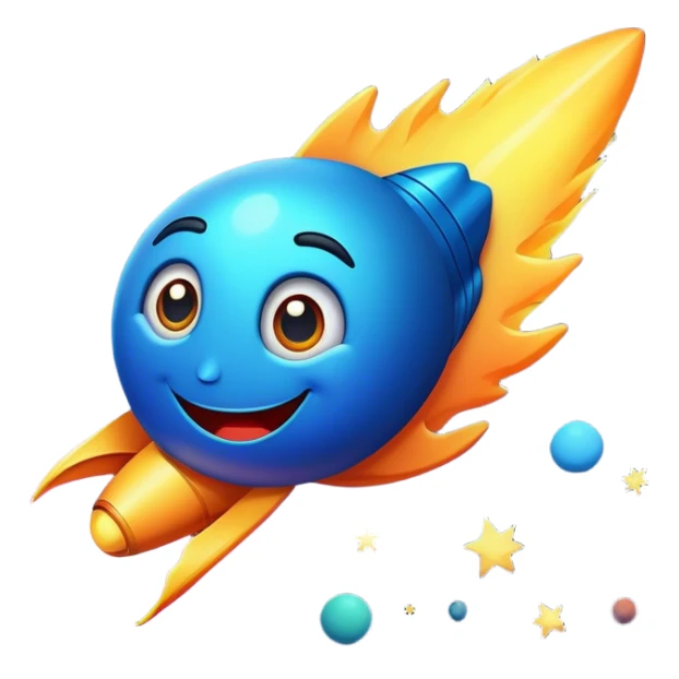 A comet with a smiling face and large, expressive eyes (but not too big). The style is comic-like, with bright colors and clean, bold lines. The comet is flying through outer space, leaving a glowing, colorful trail behind. The overall look is cartoonish, cheerful, and friendly sticker