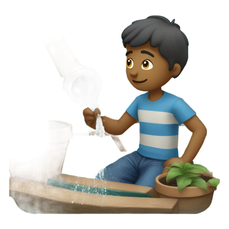 boy pouring water from a hose onto a sailboat  sticker