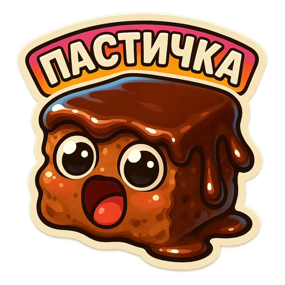 Rectangular chocolate mini pastry, slightly messy and squished, chocolate dripping, big round eyes, wide open mouth, playful surprised expression, text above: "ПАСТИЧКА", chibi style, Twitch emoji style, transparent background, colorful

 sticker