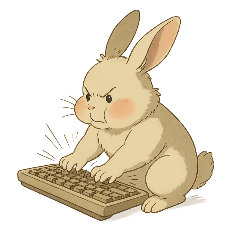 full-body vanilla bunny bunny typing fast on a keyboard, cheeks puffed, soft Ghibli style sticker