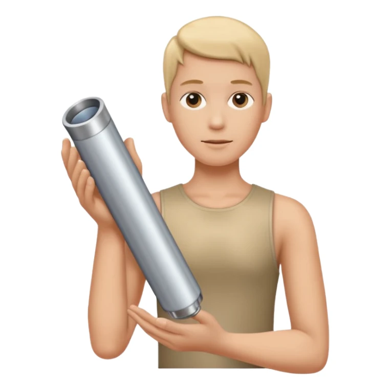 a beige skin colored hand holding a cylindrical tube, no sleeves, sticker