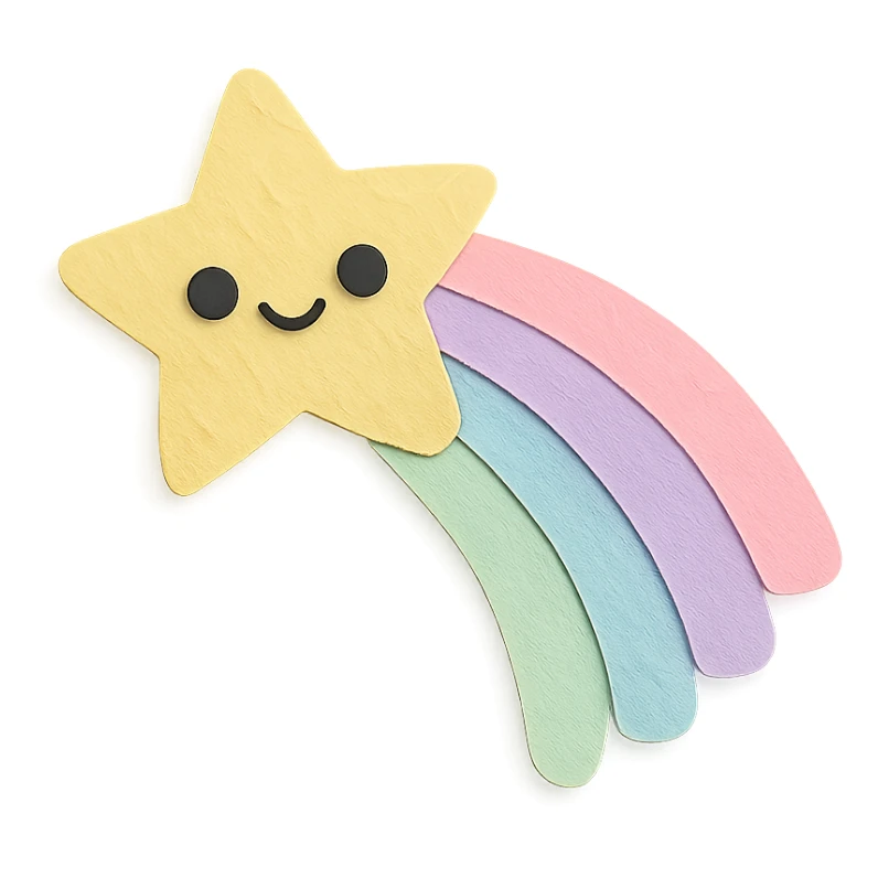 soft pastel bright shooting star leaving rainbow trail, no arms, no legs, full body, soft pastel kawaii paper craft style sticker