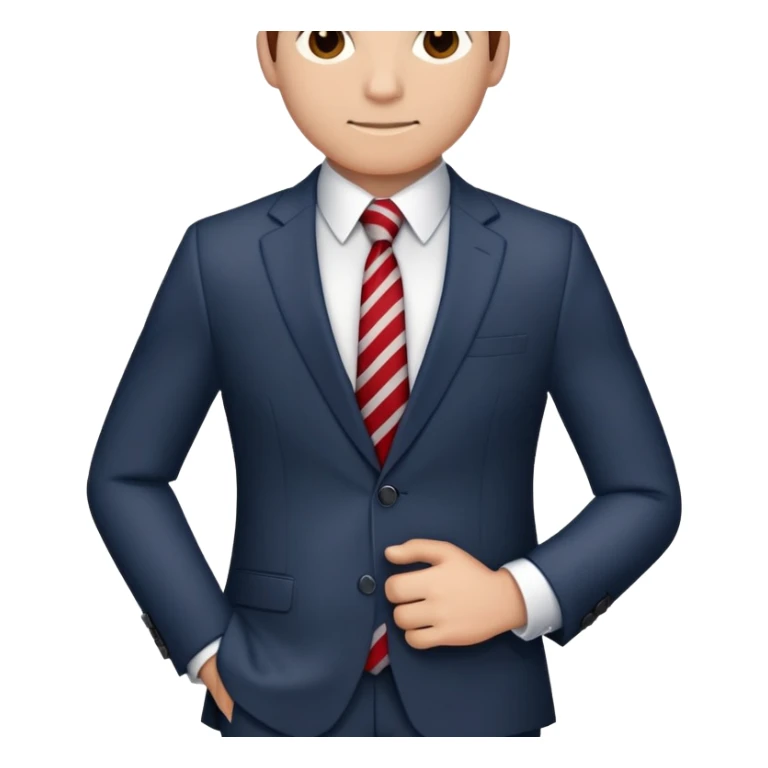 man wearing a dark blue-gray business suit with black horizontal stripes on the arms and legs, white shirt and red tie sticker