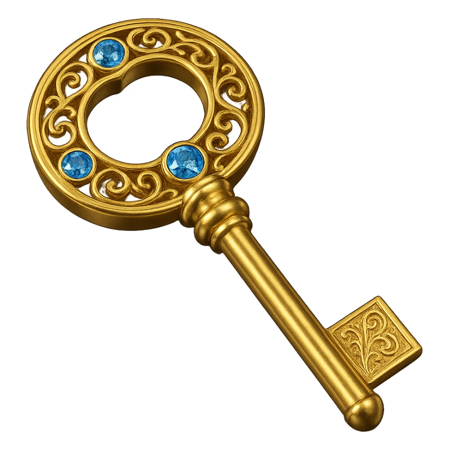 Add shiny blue diamonds to the ornate golden key, keep the background transparent. sticker