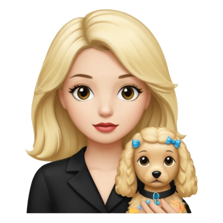 Make a girl with long black silky  hair holding a cockapoo make the cockapoo blonde Make thr girl have mascara and lipgloss on sticker