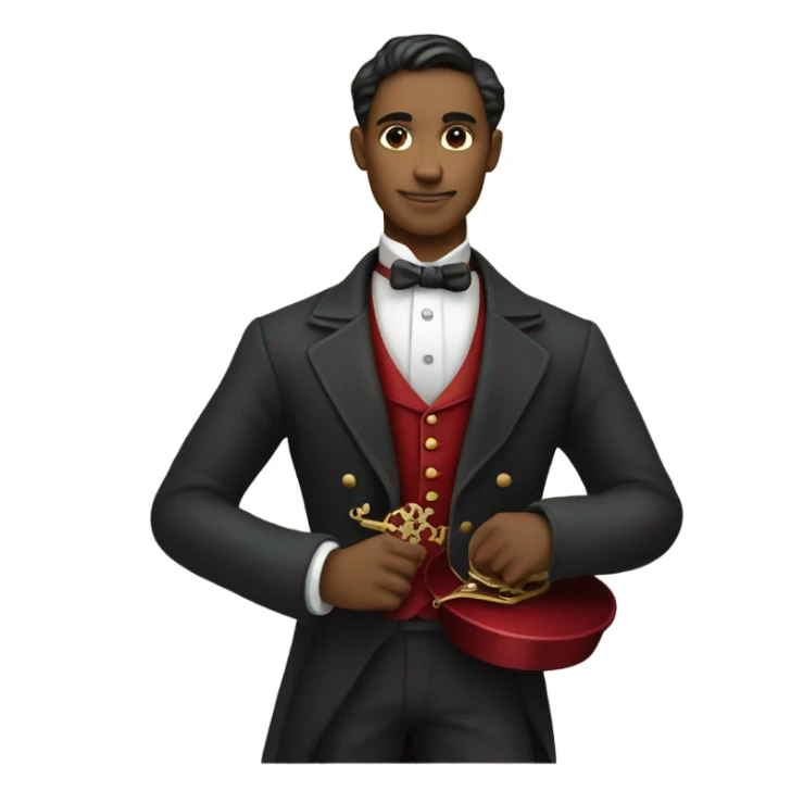 waiter in Victorian dress elegant red full body, holding big key sticker