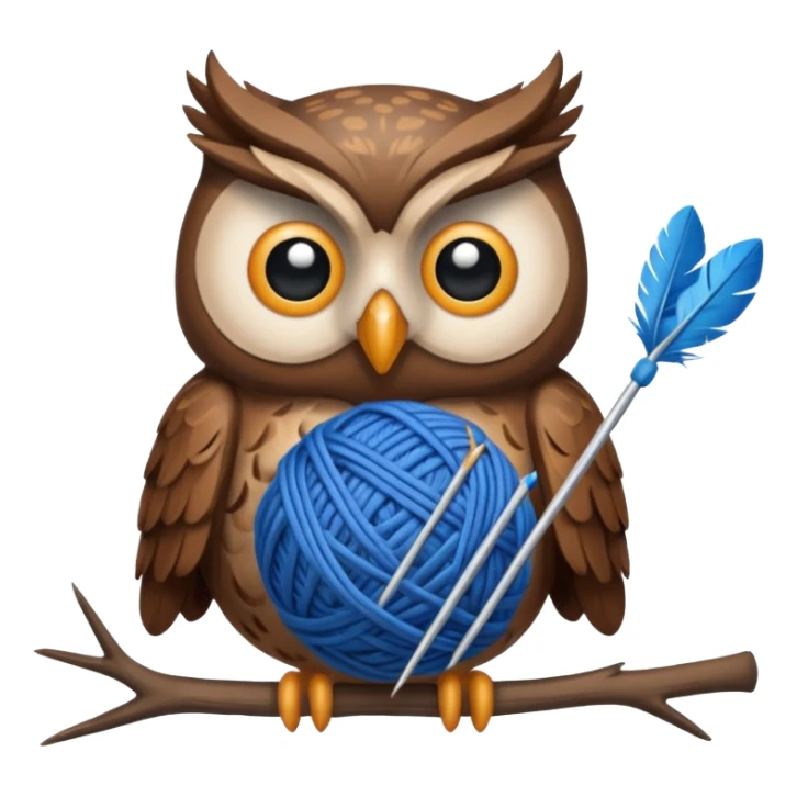 Owl holding blue yarn ball and knitting needles sticker