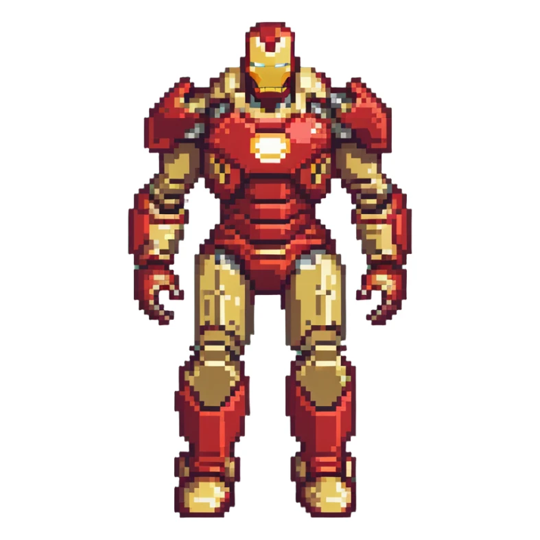 Hulkbuster armor, massive red and gold Iron Man suit designed to fight Hulk, bulky armored exoskeleton, retro video game style sticker