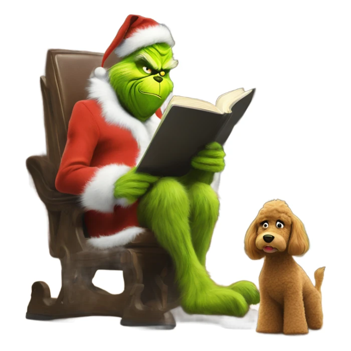 The grinch riding a giant horselike poodle in the library while reading a comic book sticker