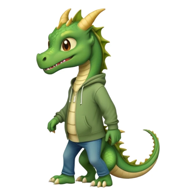 friendly anthropomorphised green dragon in a hoodie and jeans walking upright sticker