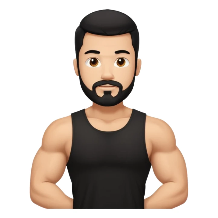 generate an ios genmoji of a fair guy with black wearing a sleevless black tshirt with big biceps and a goatee style beard sticker