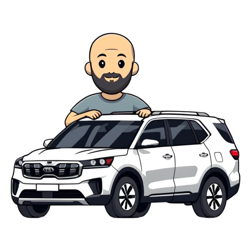 bald man with beard standing next to a Kia Mohave SUV sticker