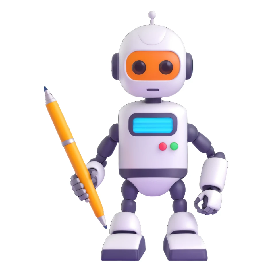 playful mascot emoji representing 'skripters' as a friendly robot holding a pen, colorful accents, fun modern style sticker