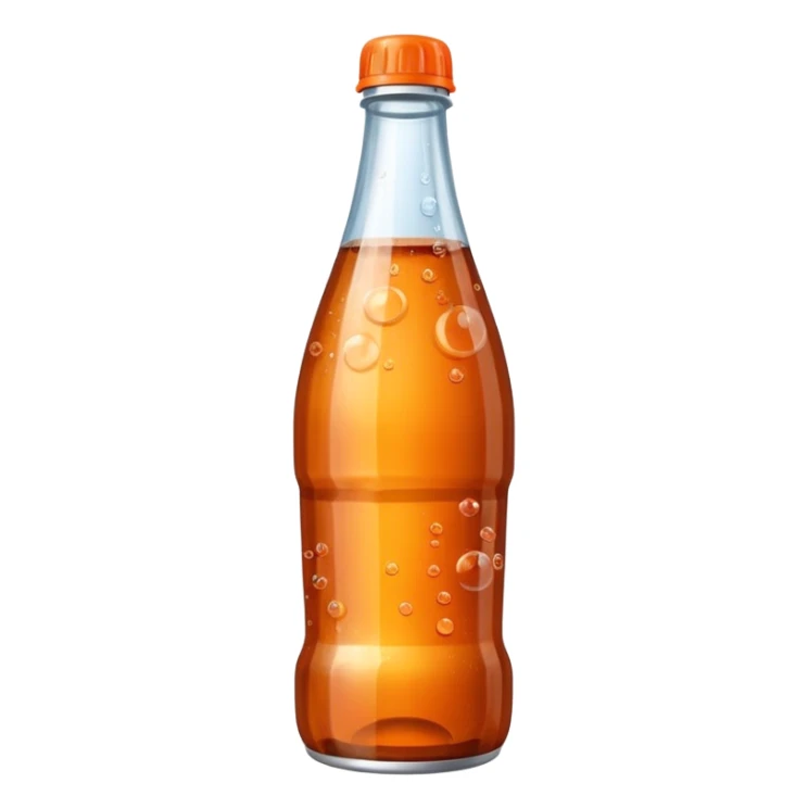 soda bottle, transparent or tinted, cola or orange soda, narrow neck, colored cap, bubbles, fizzy, 3D clean style, optimized for emoji size sticker