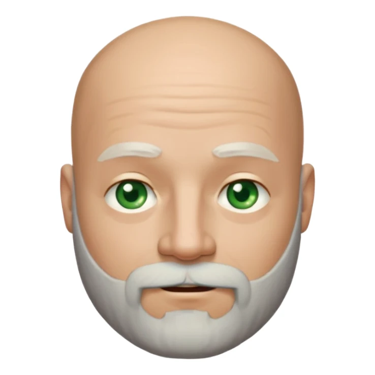 a man with light skin, a bald head, and a well-maintained beard that is darker at the top and greying towards the chin. He has striking light green eyes and a subtle, closed-mouth smile. The lighting highlights his face, and the background is softly blurred, suggesting an indoor setting. sticker