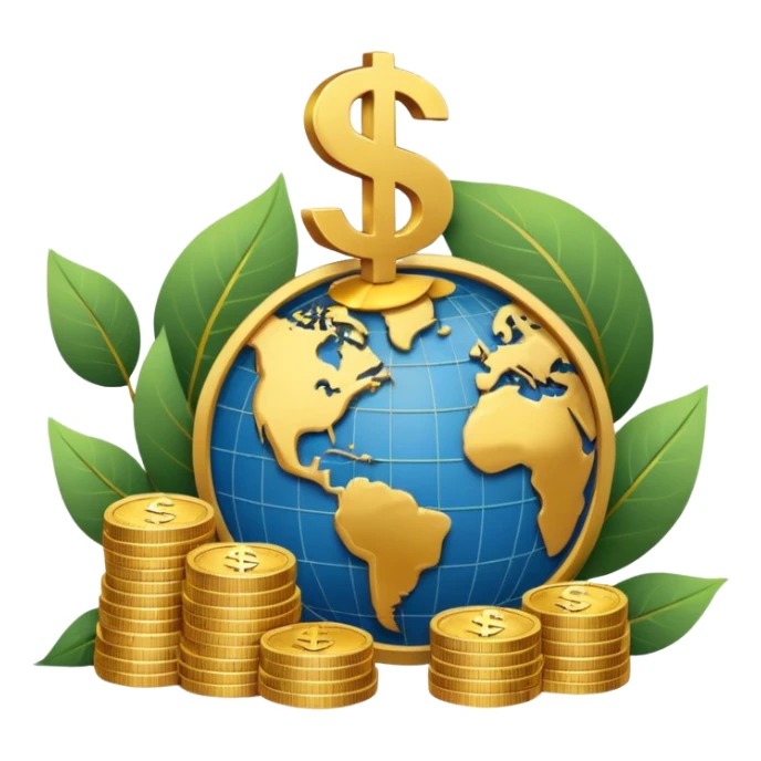An icon featuring  a dollar sign, and a chart with upward trends, symbolizing economics. The design includes coins, bills, and earth e, representing global trade and financial systems. Transparent background highlights the study of markets, supply, and demand. sticker