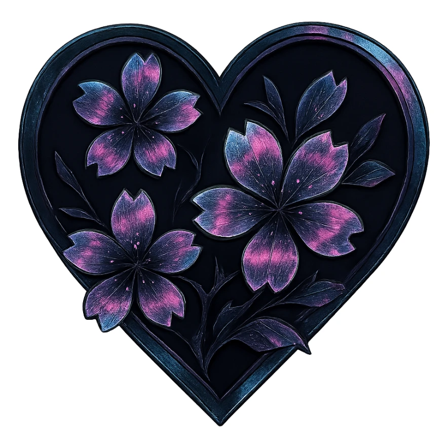 goth sakura heart, holographic effect, iridescent black and pink, futuristic gothic sticker