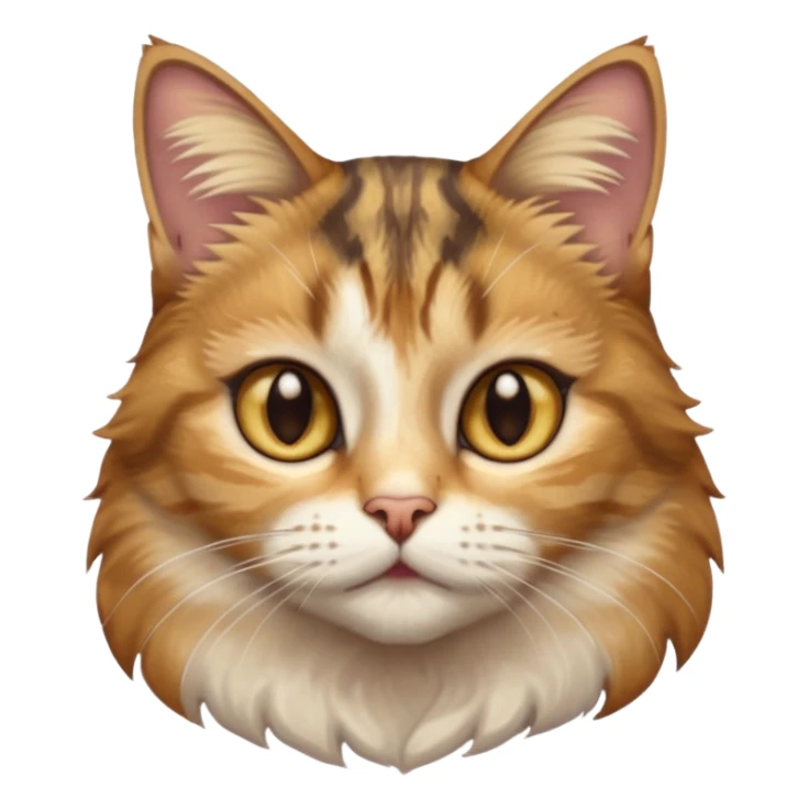 full body anxious looking colourful light calico tabby cat with hazel eyes  and half of face in brown tabby sticker