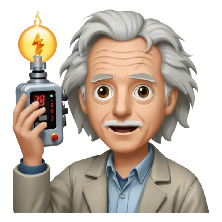 Doc Brown from Back to the Future, holding a flux capacitor, excited face, wild hair sticker