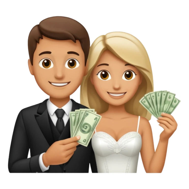 a newlywed couple holding money sticker