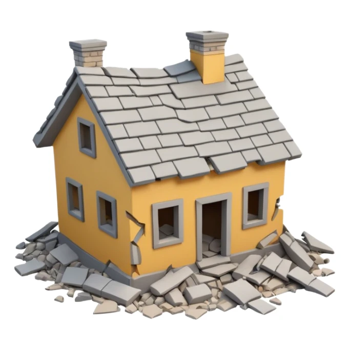 3D iPhone style emoji of a completely destroyed house, heavily damaged, collapsed into rubble, broken walls and roof scattered into debris, isolated on white background, soft shadows, high detail, playful and cute. sticker
