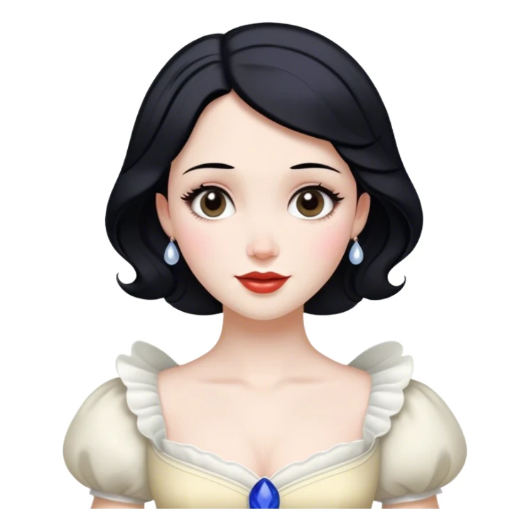 Cinematic Radiant Snow White Portrait Emoji, rendered in a realistic, vector style with clean proportions. Show Snow White with a soft, welcoming smile, delicate porcelain skin, and neatly arranged raven hair, wearing her timeless dress. The image radiates a warm, inviting glow, high shine, and is enhanced by a soft glowing outline that accentuates her gentle beauty. sticker