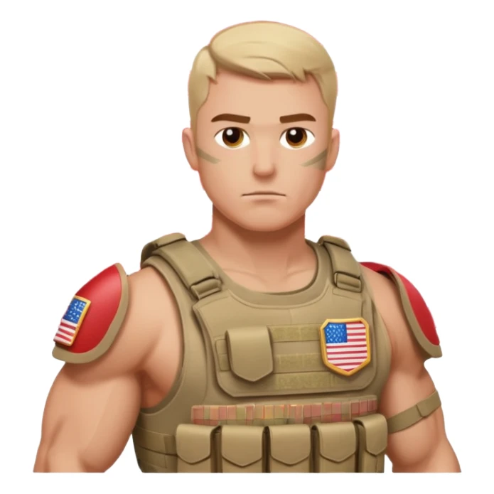 generate realistic manly white american soldier in body armor and full uniform with small usa flag on shoulder sticker