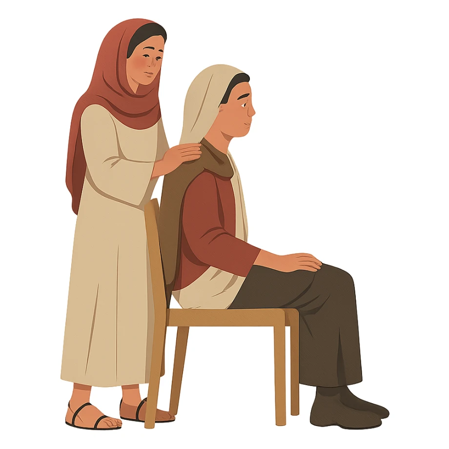 Add a woman standing behind the man, both dressed in first century Middle Eastern outfits with Middle Eastern skin tones. Remove the background for transparency. Maintain the original style but adapt to these historical and cultural details. sticker