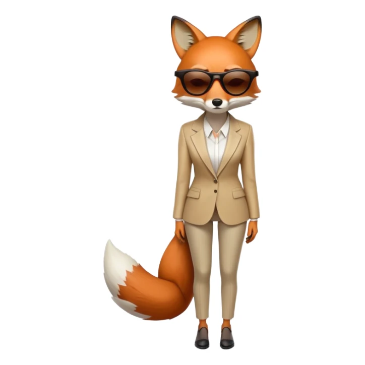serious anthropomorphised female fox in stylish outfit with sunglasses, back facing the viewer, head down, extremely sad and dejected posture and expression, full-body view sticker