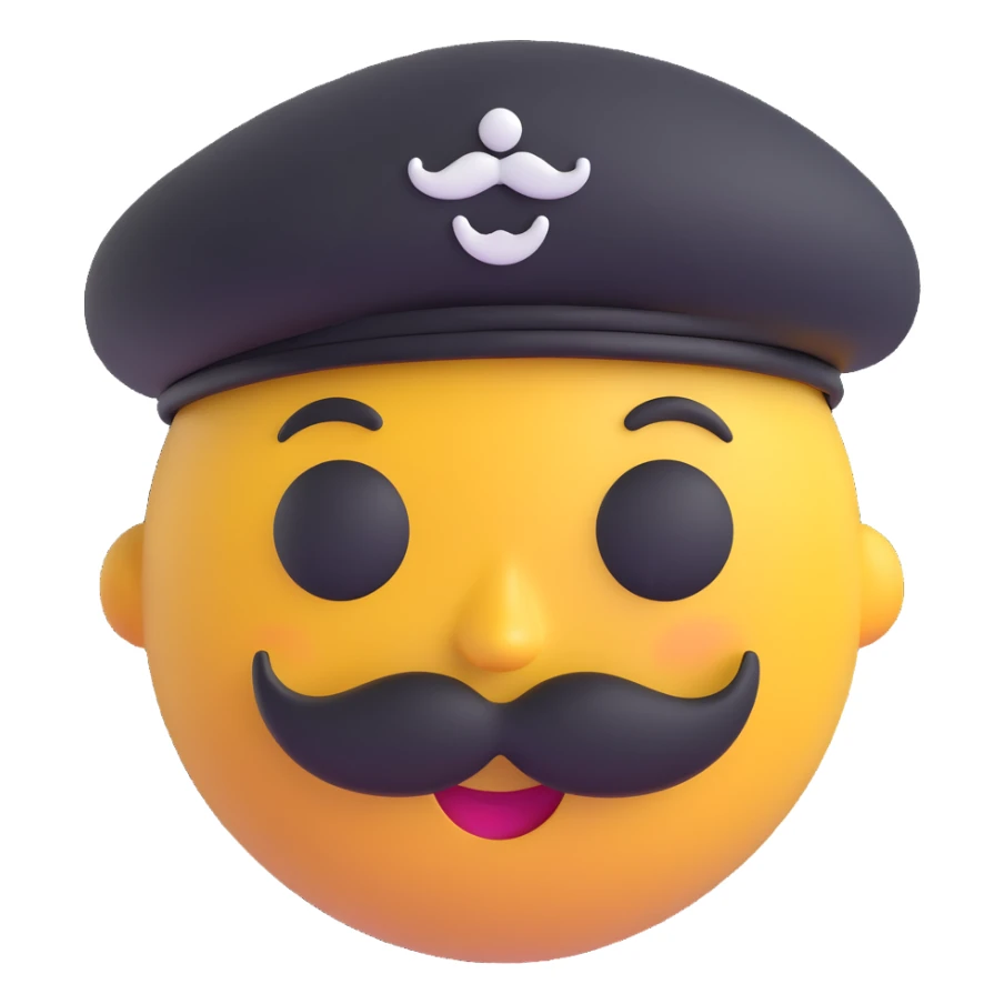 smiley face with beret and mustache, 3D emoji style, no background, for a French memecoin Discord server French Cabal sticker