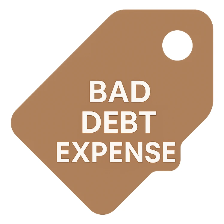 brown price tag icon with 'bad debt expense' written in white text, simple and professional sticker