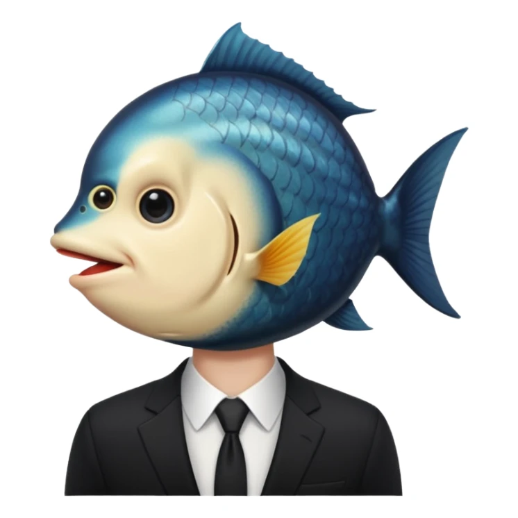 A man dressed in a black suit. His face is that of a fish — therefore, he has no human face. The fish’s face is positioned vertically, meaning its mouth is facing upward. sticker