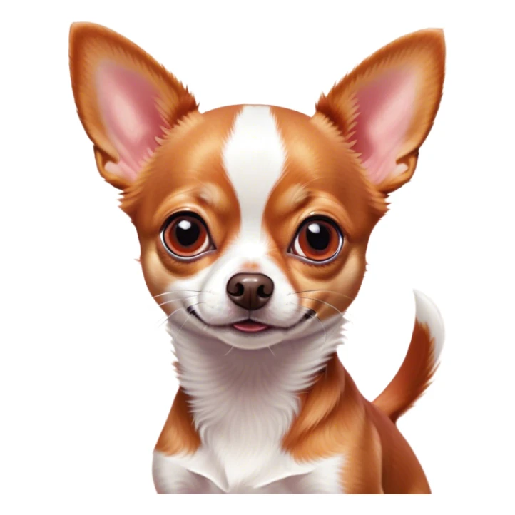 Cinematic Cute Red/White Short Haired Chihuahua Portrait Emoji, Head tilted playfully and inquisitively, smooth red and white fur with a vibrant sheen, round, sparkling dark eyes filled with curiosity, Simplified yet irresistibly adorable features, highly detailed, glowing with a warm, friendly glow, high shine, affectionate and lively, stylized with a touch of whimsy, bright and endearing, soft glowing outline, capturing the essence of a mischievous yet loving pup, so playful it feels like it could bound out of the screen and into your arms! sticker