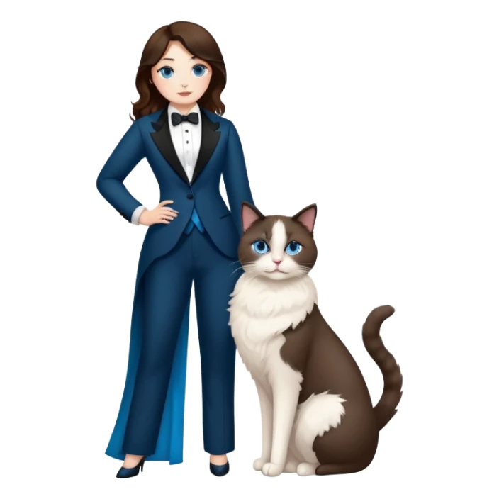 curvy brunet with blue eyes holding a ragdoll cat in a tuxedo sticker