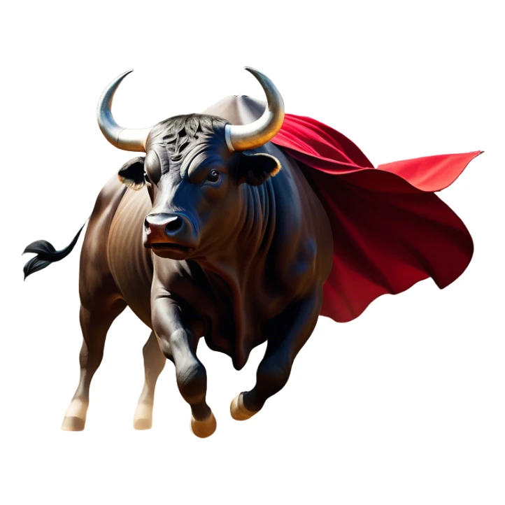 ​Cinematic Realistic black charging bull, against a matador depicted in a flowing red cape, captured in the dramatic moment of confronting a charging bull in a traditional bullring, rendered with dynamic motion and dramatic lighting that encapsulates the intensity and artistry of the spectacle, sticker